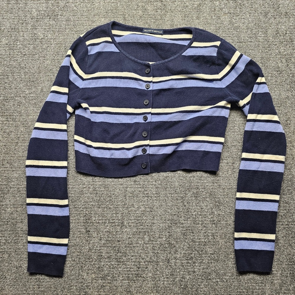 Brandy Melville Cropped Cardigan Sweater Navy Blue Striped Cotton MH272 One Size